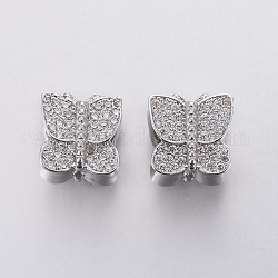 Brass Micro Pave Cubic Zirconia European Beads, Large Hole Beads, Butterfly, Clear, Platinum, 9.5x9.5x9mm, Hole: 4.5mm