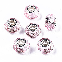 Los abalorios europeos de resina transparente, cristal de imitación, Abalorios de grande agujero, con núcleos dobles latón tono plata, facetados, rerondana plana, rosa, 14x9.5mm, agujero: 5 mm