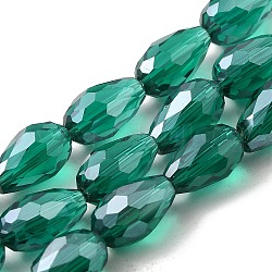 FilI di perline in vetro placcato, lustro di perla placcato, sfaccettato, lacrima, verde acqua, 15x10mm, Foro: 2 mm