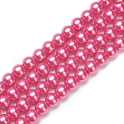 Chapelets de perles en verre nacré, nacré, ronde, rose chaud, 10mm, Trou: 2mm, Environ 87~92 pcs/chapelet, 31.50 pouce (80 cm)