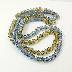 Perlas de rondelle facetado de vidrio electrochapa hebras, medio chapado, color mezclado, 8x5~6.5mm, agujero: 1 mm, aproximamente 72 pcs / cadena, 16.5 pulgada