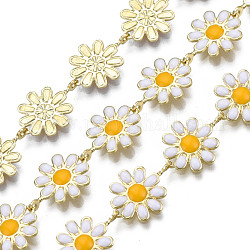 Messing Blumengliederketten, mit Emaille, ungeschweißte, echtes 16k vergoldet, weiß, 13.5~14x9.5~10x1 mm