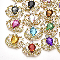 Brass Cabochons, with Acrylic Rhinestone and Glass Rhinestone, Crown, Golden, Mixed Color, 28~29x35~38x6mm