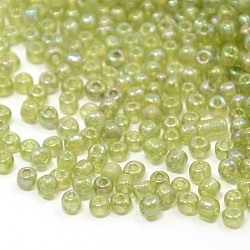 (servicio de reempaquetado disponible) perlas redondas de vidrio, colores transparentes arco iris, redondo, amarillo verdoso, 6/0, 4mm, aproximamente 12 g / bolsa