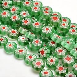 Handmade Millefiori Glass Flat Round Bead Strands, Single Flower Design, Lime Green, 12x4mm, Hole: 1mm, about 34pcs/strand, 15.3inch
