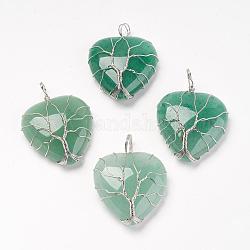 Natural Green Aventurine Pendants, with Brass Findings, Heart, Platinum, 39~42x30~31x10~11mm, Hole: 5mm