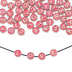 Perles d'émail en alliage, plat rond avec la lettre, or clair, rose chaud, 8x3.5mm, Trou: 1.4mm, 50 pcs / boîte