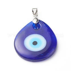 Handmade Lampwork Evil Eye Pendants, with Grade AA Brass Ice Pick Pinch Bails Finding, Teardrop, Dark Blue, 41x30x5mm, Hole: 6x4mm