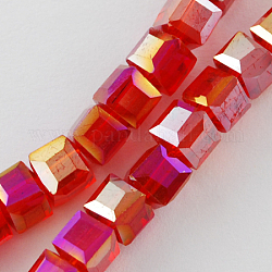 Galvanisieren Glasperlen, ab Farbe plattiert, facettiert, Würfel, rot, 2~2.5x2~2.5x2~2.5 mm, Bohrung: 0.5 mm, ca. 200 Stk. / Strang, 18.1 Zoll