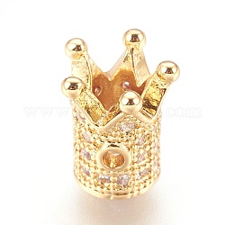 Perline zirconi micro pave  in ottone, corona, chiaro, vero placcato oro 18k, 10x8mm, Foro: 1.4 mm