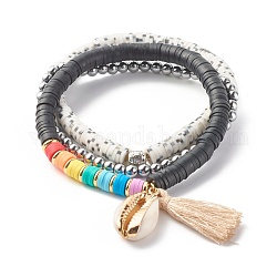 Ensemble de bracelets extensibles en perles heishi en argile polymère, bracelets à breloques cauris naturels et pampilles en coton, bracelets de puissance en alliage et perles d'hématite synthétiques pour femmes, couleur mixte, diamètre intérieur: 2-1/8~2-1/4 pouce (5.5~5.8 cm), 3 pièces / kit