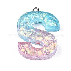 Transparent Epoxy Resin Pendants, with Paillette and Platinum Tone Loops, Word, Letter.S, 30.5x23x7mm, Hole: 2mm