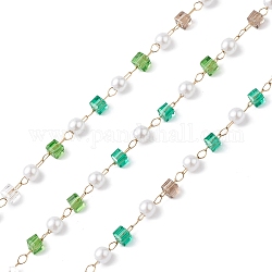Cubes & ronds verre & abs imitation perles perles, non soudée, avec 304 chaînes à maillons en acier inoxydable, or, vert de mer clair, 2.5~3x2.5~3x2.5mm