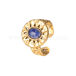 Golden Stainless Steel Flat Round Open Cuff Ring, with Synthetic Turquoise, Blue, No Size