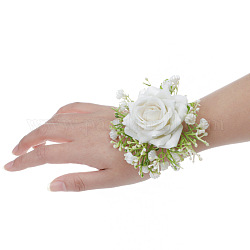 Corsage de poignet en tissu de soie imitation rose, fleur à la main pour la mariée ou la demoiselle d'honneur, mariage, décorations de fête, blanc, 100x90mm