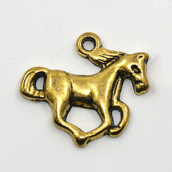 Tibetan Style Pendants, Alloy, Cadmium Free & Nickel Free & Lead Free, Horse, Antique Golden Color, Size: about 15mm long, 20mm wide, 2.5mm thick, hole: 2mm, about 714pcs/1000g