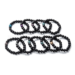 Braccialetti elasticizzati con perline di vetro tondo smerigliato, con testa in lega di buddha, nero, colore misto, diametro interno: 2~2-1/8 pollice (5.2~5.4 cm)