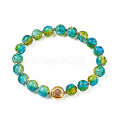 Round Glass Beaded Stretch Bracelet with Gold Plated Brass Ring for Women, Dark Turquoise, Inner Diameter: 2 inch(5cm)