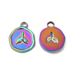 Ion Plating(IP) 
304 Stainless Steel Pendants, Flat Round with Fishtail Charm, Rainbow Color, 16.5x13x2mm, Hole: 2mm