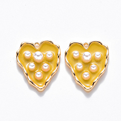 Brass Enamel Pendants, with ABS Plastic Imitation Pearl, Nickel Free, Heart, Real 18K Gold Plated, Yellow, 17x13.5x4mm, Hole: 1mm