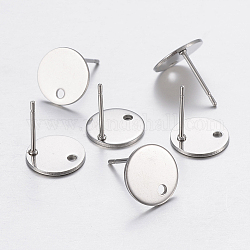 304 Stainless Steel Stud Earring Findings, with Loop and Flat Plate, Flat Round, Stainless Steel Color, 12x1mm, Hole: 2mm, Pin: 0.8mm