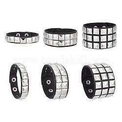 3Pcs 3 Style PU Wrap Cord Bracelets Set, 304 Stainless Steel Square Rivet Stud Punk Bracelets with Iron Clasp for Men Women, Stainless Steel Color, 8 inch(20.2~20.3cm), 1Pc/style