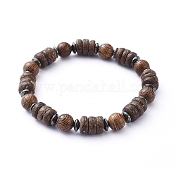 Bracelets élastiques, avec des perles en bois naturel et des perles d'hématite synthétiques non magnétiques, brun coco, diamètre intérieur: 2-1/8 pouce (5.5 cm)