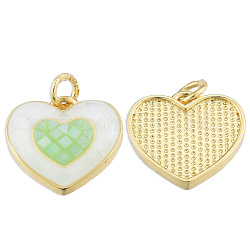 Brass Enamel Pendants, with Jump Rings and Shell, Real 18K Gold Plated, Nickel Free, Heart, Light Green, 15x16x3.5mm, Jump Ring: 5x1mm, 3mm inner diameter