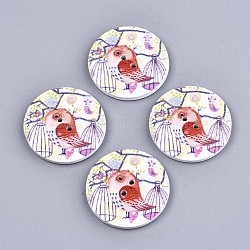 Printed Wood Buttons, Dyed, 2-Hole, Flat Round with Bird, Orange Red, 26x2mm, Hole: 1.6mm