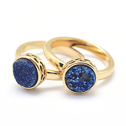 Electroplate Natural Druzy Agate Crystal Finger Rings, with Brass Findings, Lead Free & Cadmium Free, Long-Lasting Plated, Flat Round, Size 7, Real 18K Gold Plated, Blue, 17mm