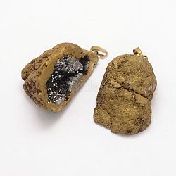 Galvanizado natural geode druzy gran ágata colgantes, con fornituras de latón, pepitas, dos tonos, vara de oro, 45~70x21~50x21~28mm, agujero: 4x8 mm