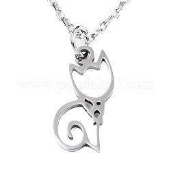 201 Stainless Steel Kitten Pendants Necklaces, with Cable Chains and Lobster Claw Clasps, Hollow Cat, Stainless Steel Color, 15-3/4 inch(40cm), 1.5mm