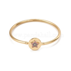 Rack Plating Brass Micro Pave Cubic Zirconia Bangles, Real 18K Gold Plated Flat Round with Star Clasp Bangles, Long-Lasting Plated, Cadmium Free & Lead Free, Colorful, Inner Diameter: 2-1/4 inch(5.6cm)