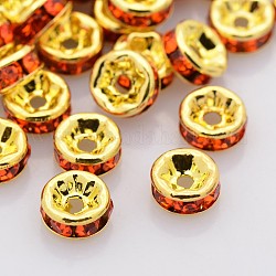 Perline distanziatori strass in ottone, grado a, flangia diritta, colore metallico oro, rondelle, giacinto, 8x3.8mm, Foro: 1.5 mm