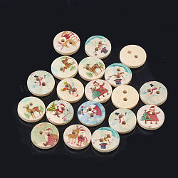 Деревянные печатные кнопки с 2 отверстием, плоско-круглые, Новогодняя тема, разноцветные, 15x4.5 мм, отверстие : 2 мм
