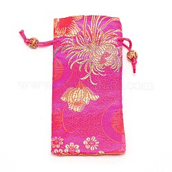 Bolsas de poliéster, bolsa con cordón, de abalorios de madera, rectángulo con estampado de flores, color de rosa caliente, 16~17x7.8~8x0.35 cm