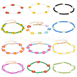 Anattasoul 12pcs 12 style ensemble de bracelets extensibles de fleurs tressées en graines de verre, bracelets empilables en perles pour femmes, couleur mixte, 7-1/8 pouce (18 cm), diamètre intérieur: 2 pouce (5.05 cm), 1pc / style