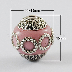 Handmade Indonesia Beads, with Alloy Cores, Round, Pink, 14~15x15mm, Hole: 2mm
