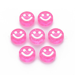 Transparent Acrylic Beads, with Glitter Powder, Flat Round with White Enamel Smile Face, Pearl Pink, 10x5mm, Hole: 2mm, about 1450pcs/500g
