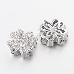 Perles de zircone cubique micro pave en Laiton, trèfle, sans plomb et sans nickel, platine, 10x10x4mm, Trou: 1mm