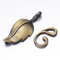 Cierres de gancho de hoja de latón, Para hacer pulseras de cordon de cuero., cepillado de bronce antiguo, hoja: 33x13x3 mm, gancho: 17x10x2 mm, agujero: 1mm y 3x3 mm