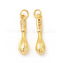 Rack Plating Brass Micro Pave Cubic Zirconia Pendants, Cadmium Free & Lead Free, Whisk Charm, with Jump Ring, Real 18K Gold Plated, 23x5x5.2mm, Hole: 3.4mm