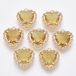Ciondoli di vetro, con impostazioni di retro aperto in ottone, sfaccettato, cuore, oro chiaro, oro, 18x16~17x5.5mm, Foro: 1.2 mm