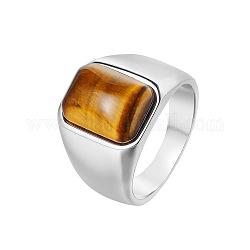 Прямоугольное кольцо на палец из натурального тигрового глаза, ювелирные изделия из нержавеющей стали, цвет нержавеющей стали, внутренний диаметр: 17.4 мм