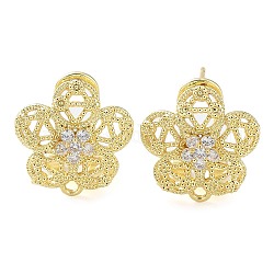 Flower Brass Micro Pave Cubic Zirconia Stud Earrings Finding, with Horizontal Loops, Cadmium Free & Lead Free, Real 18K Gold Plated, 16x15mm, Hole: 1.5mm, Pin: 0.8mm