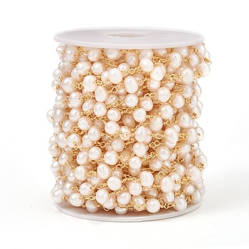 Handgefertigte Perlenkette aus Messing, mit natürlichen Süßwasser-Perle, langlebig plattiert, ungeschweißte, mit Spule, Runde, echtes 18k vergoldet, Link: 15x6~7x6~7 mm, ca. 32.8 Fuß (10m)/Rolle