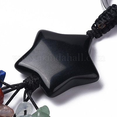 Брелки с кисточками из бисера и звездами из натурального обсидиана с кусочками смешанных драгоценных камней KEYC-P012-01P-01-1