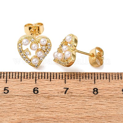 Серьги-гвоздики в форме сердца из латуни с прозрачным фианитом и прозрачным фианитом EJEW-K267-39G-1