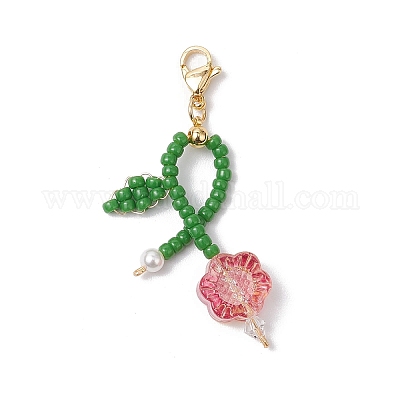 Подвесные украшения из цветочных бусинок и стеклянной оплетки HJEW-TA00338-1