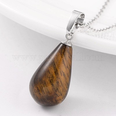 Подвески с каплевидным вырезом из латуни платинового цвета с тигровым глазом&nbsp;G-F267-04B-1